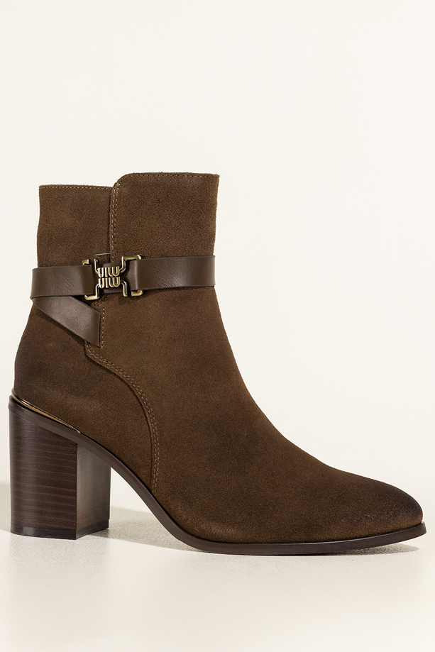 Brązowe botki skórzane damskie Sergio Leone na słupku pasek ze złotą ozdobą YG74615-H