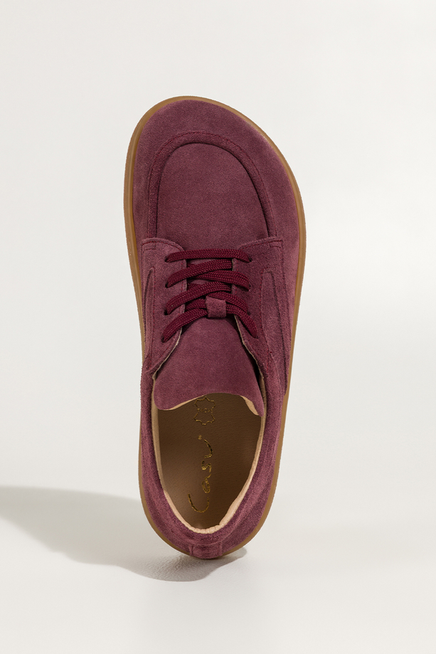 Bordowe półbuty barefoot skórzane zamszowe damskie szerokie na elastycznej płaskiej podeszwie cholewka z przeszyciami sznurowane PRODUKT POLSKI Casu M8669