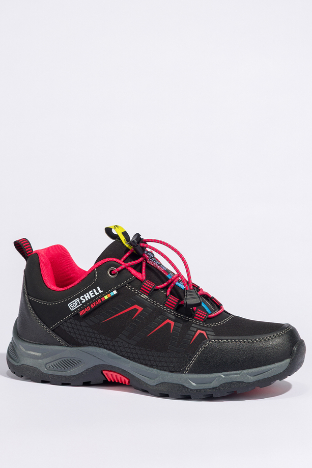 Czarne buty trekkingowe damskie buty sportowe na bieżnikowanej podeszwie z regulowaną elastyczną sznurówką czerwone wstawki softshell Casu 2213-7W