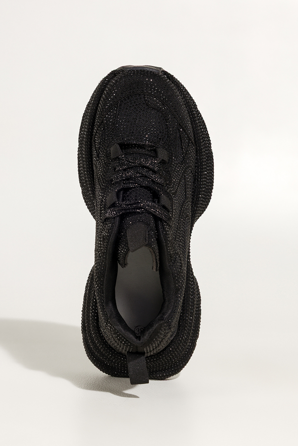 Czarne sneakersy damskie buty sportowe na ozdobnej platformie błyszczące cyrkonie sznurowane Carla QP-0607-8