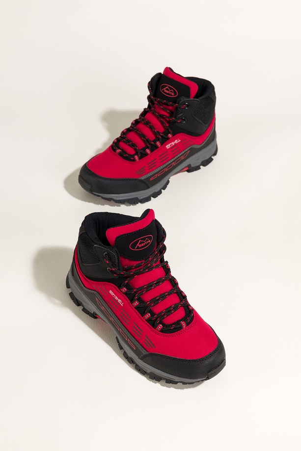 Czerwone buty trekkingowe damskie z czarnymi dodatkami sznurowane softshell Casu Y7994-5