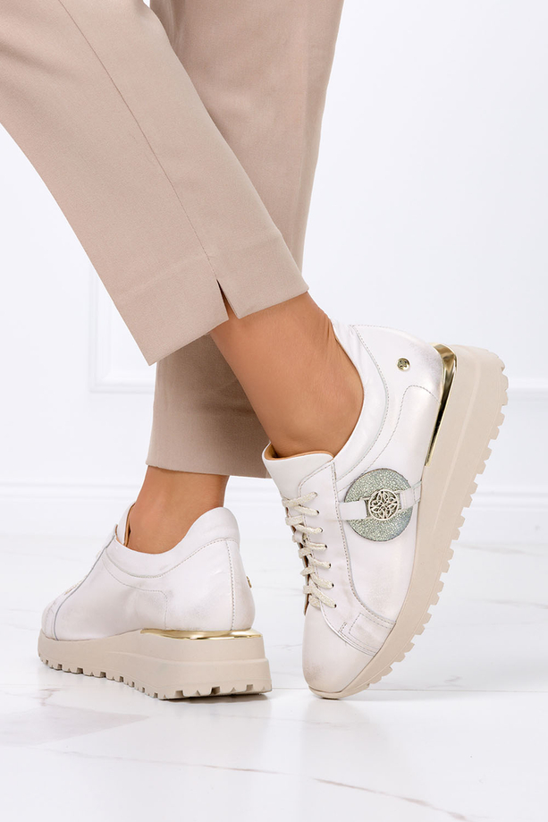 Beżowe sneakersy Maciejka buty sportowe na koturnie sznurowane POLSKA SKÓRA 05492-04-00-1