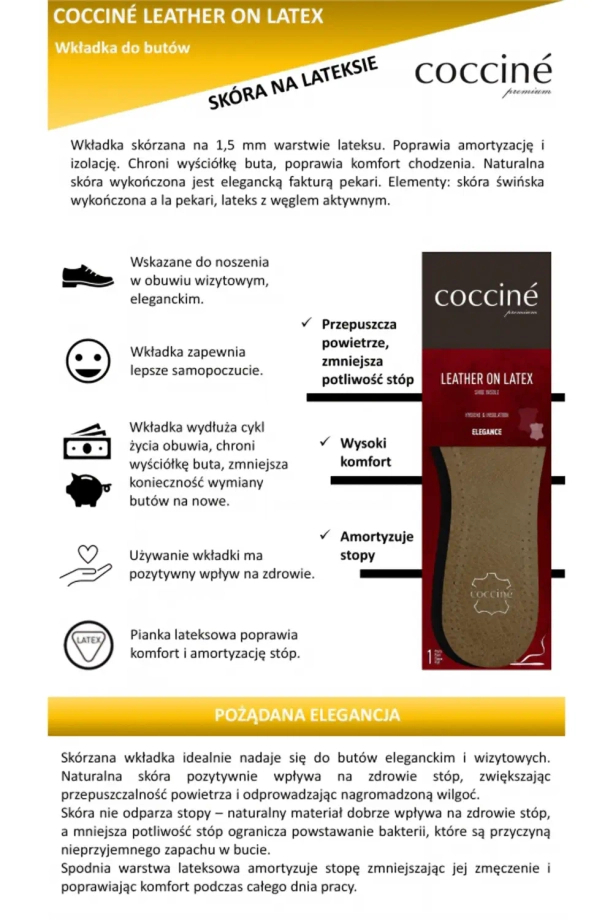 Skórzana wkładka na lateksie Coccine Leather on Latex do obuwia eleganckiego i codziennego 