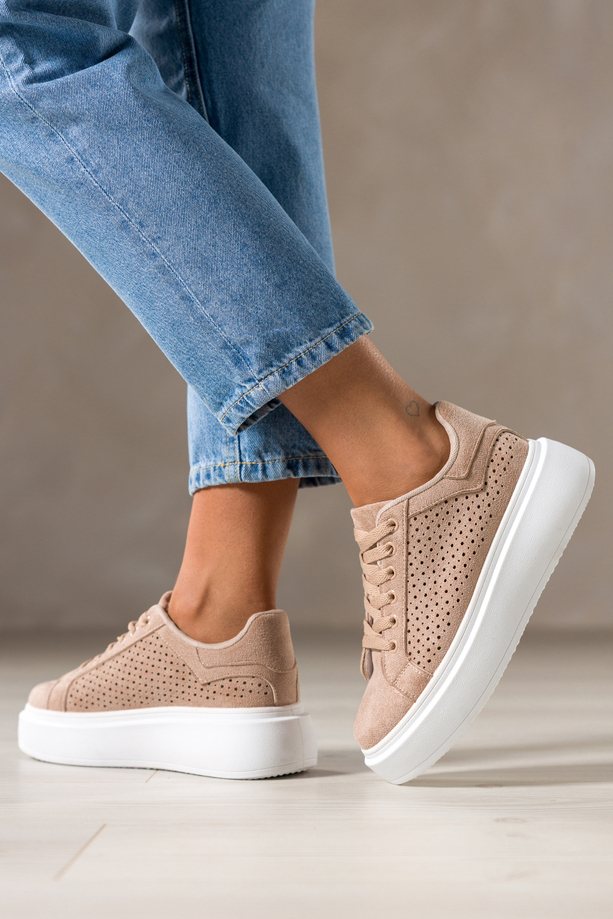 Beżowe sneakersy damskie buty sportowe ażurowe na platformie sznurowane Carla YO349K