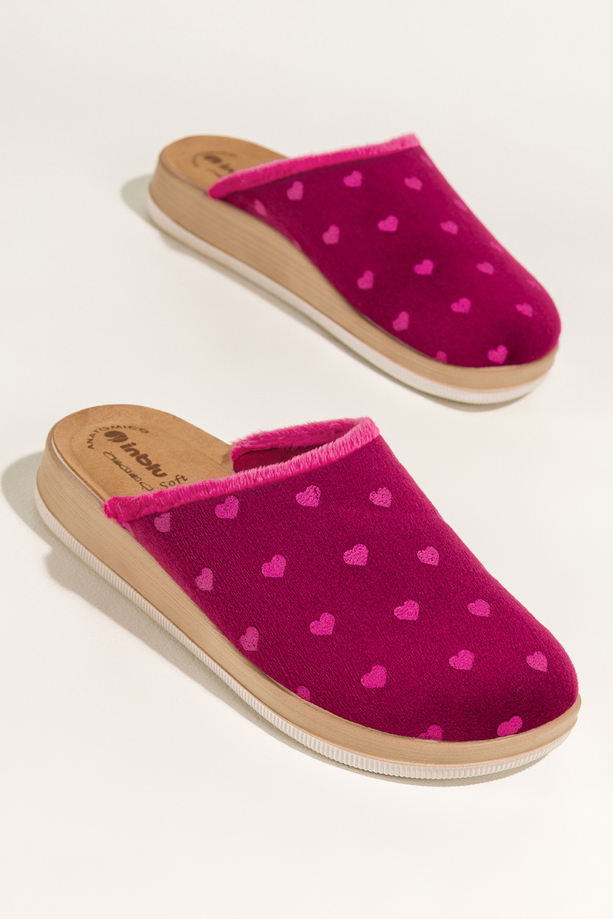 Bordowe kapcie damskie Inblu obuwie domowe skórzana wkładka soft serca XG999959