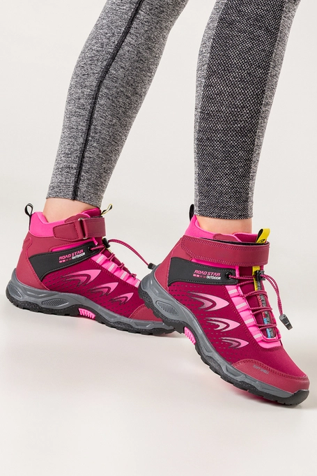 Bordowe buty trekkingowe damskie na bieżnikowanej podeszwie z regulowaną elastyczną sznurówką softshell Casu 2310-13W