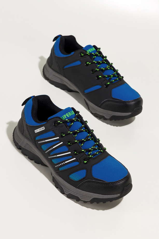 Niebieskie buty trekkingowe damskie buty sportowe softshell na bieżnikowanej podeszwie sznurowane czarne wstawki Carla 1540