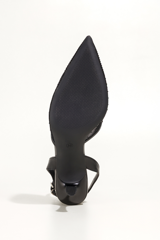 Czarne czółenka damskie szpilki z siateczką ozdobione cyrkoniami odkryta pięta pasek wokół kostki obcas kieliszek Carla N874