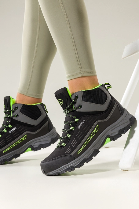 Czarne buty trekkingowe damskie z seledynowymi dodatkami sznurowane softshell Casu Y7994-7