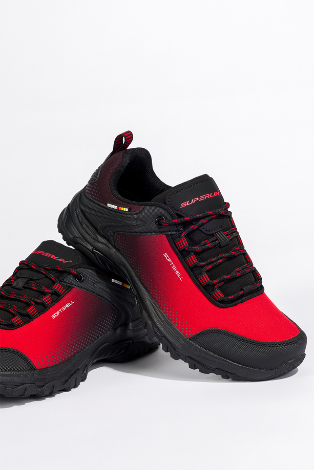 Czerwone buty trekkingowe damskie buty sportowe softshell na bieżnikowanej podeszwie sznurowane czarne wstawki Carla 8529