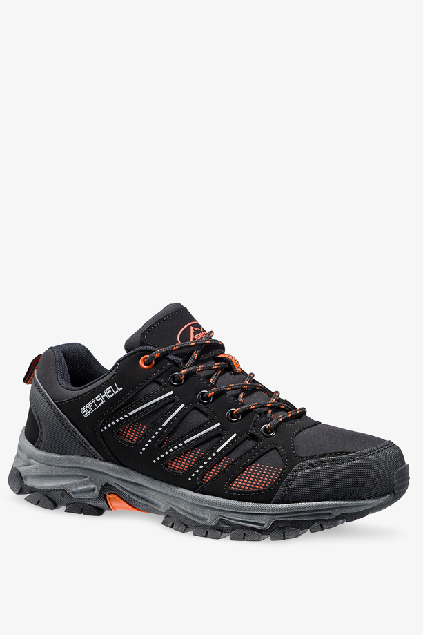 Czarne buty trekkingowe damskie z pomarańczowymi dodatkami sznurowane softshell Casu B2114-5
