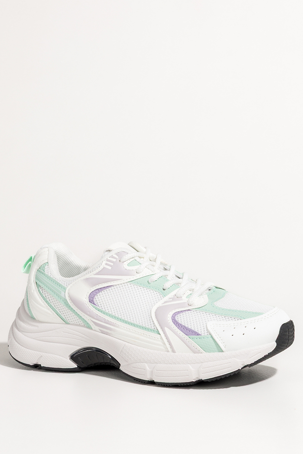 Białe sneakersy damskie buty sportowe na trening zielone i fioletowe wstawki sznurowane Casu ABO-1707