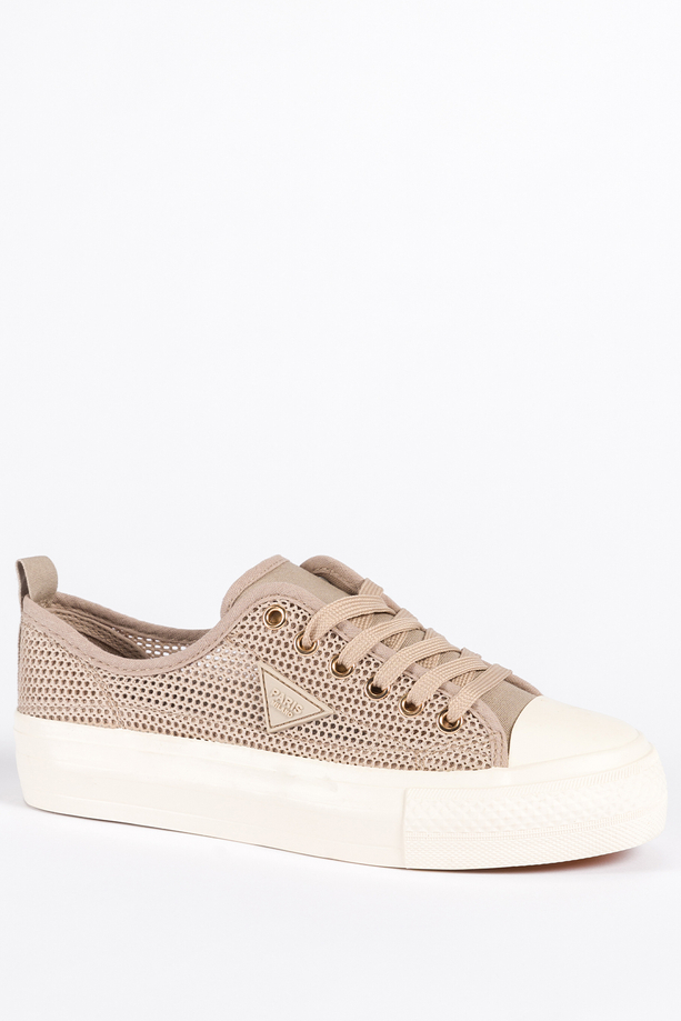 Beżowe trampki damskie ażurowe sneakersy z ozdobą na platformie sznurowane Carla QY851-63