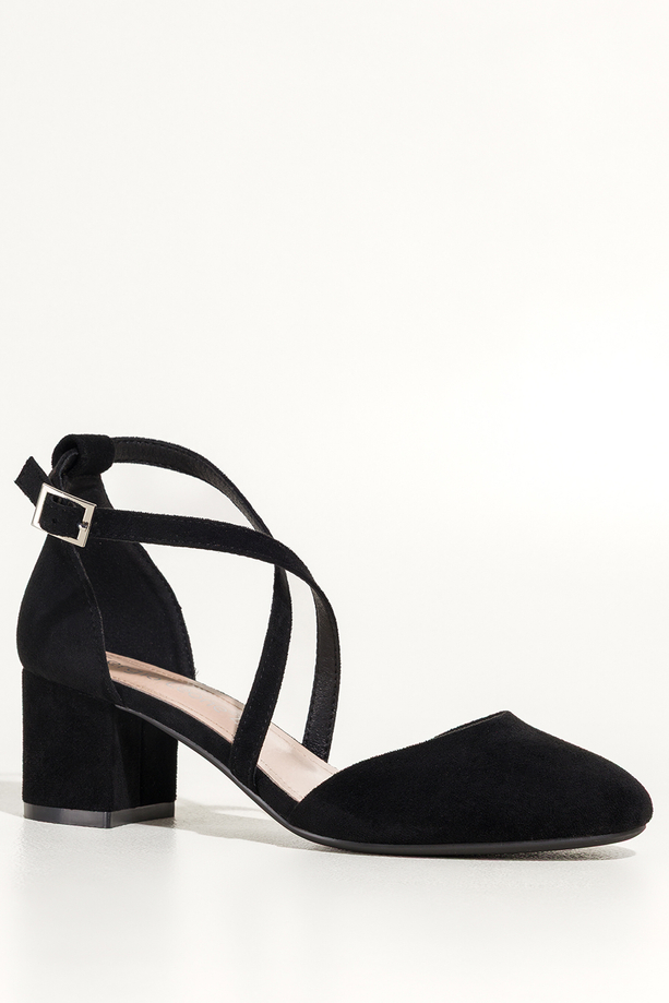 Czarne czółenka damskie Sergio Leone na szerokim słupku paski na krzyż skórzana wkładka HP175