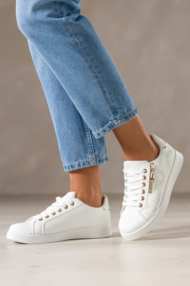 Białe sneakersy damskie buty sportowe z ozdobnym złotym zamkiem sznurowane Casu DXU-32
