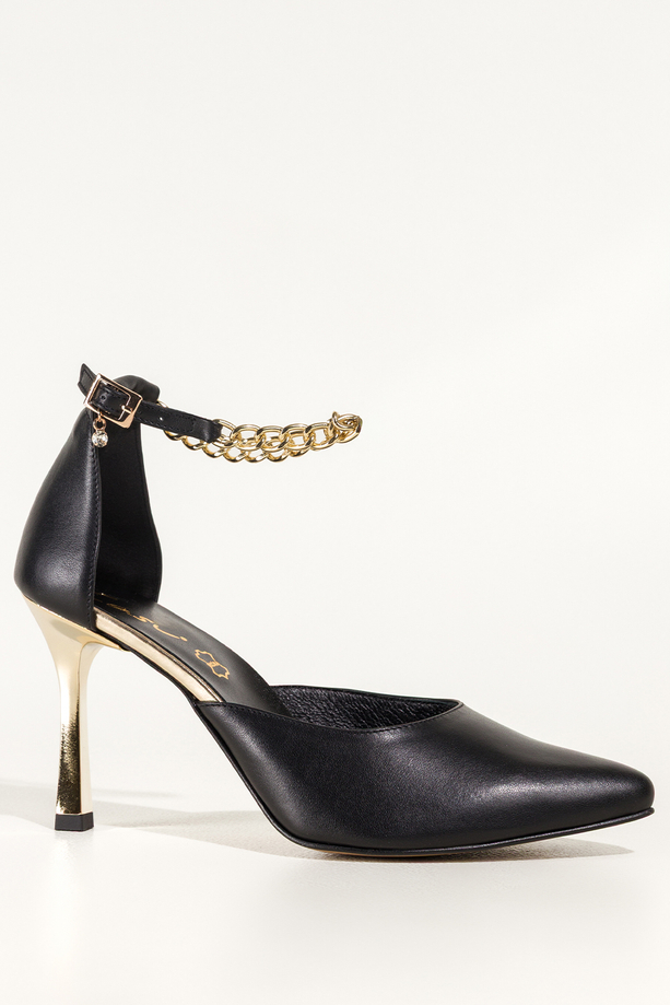 Czarne czółenka skórzane damskie szpilki ze złotym łańcuszkiem wokół kostki PRODUKT POLSKI Casu 7577-899