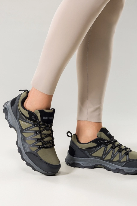 Zielone buty trekkingowe damskie buty sportowe softshell na bieżnikowanej podeszwie sznurowane czarne wstawki Carla 8452