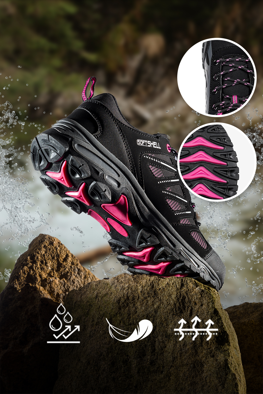 Czarne buty trekkingowe damskie z różowymi dodatkami sznurowane softshell Casu B2114-8