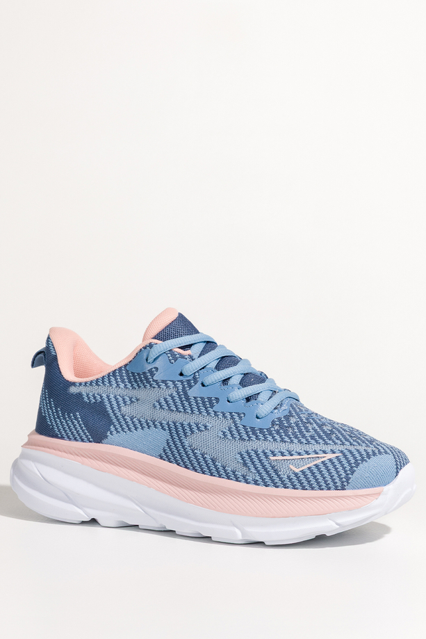 Niebieskie sneakersy damskie buty sportowe do biegania na białej platformie ze żłobieniami różowe wstawki sznurowane Casu M015-2