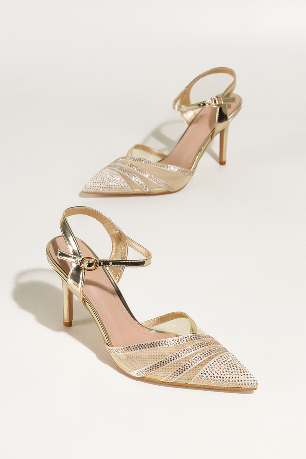 Złote czółenka damskie szpilki z siateczką ozdobione cyrkoniami odkryta pięta Carla N876