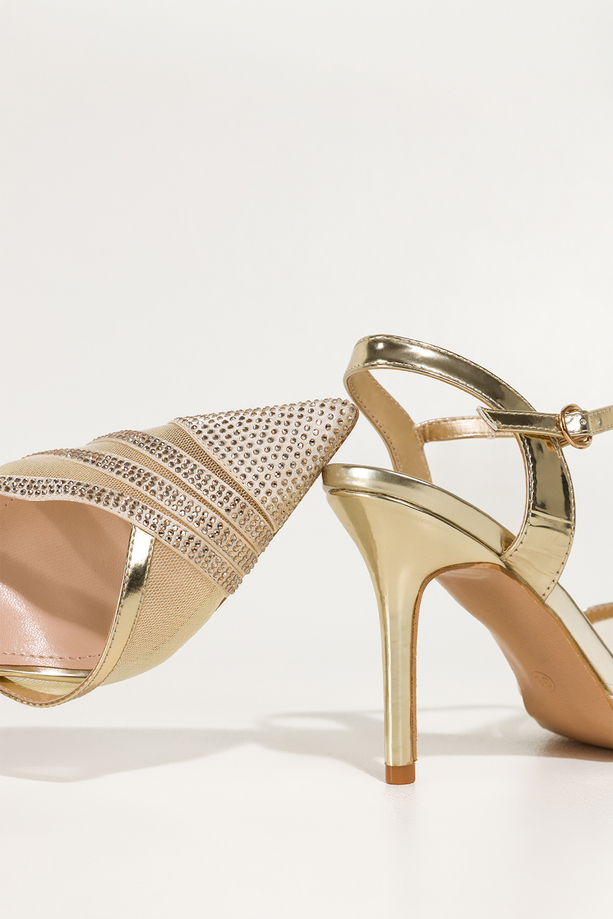 Złote czółenka damskie szpilki z siateczką ozdobione cyrkoniami odkryta pięta Carla N876