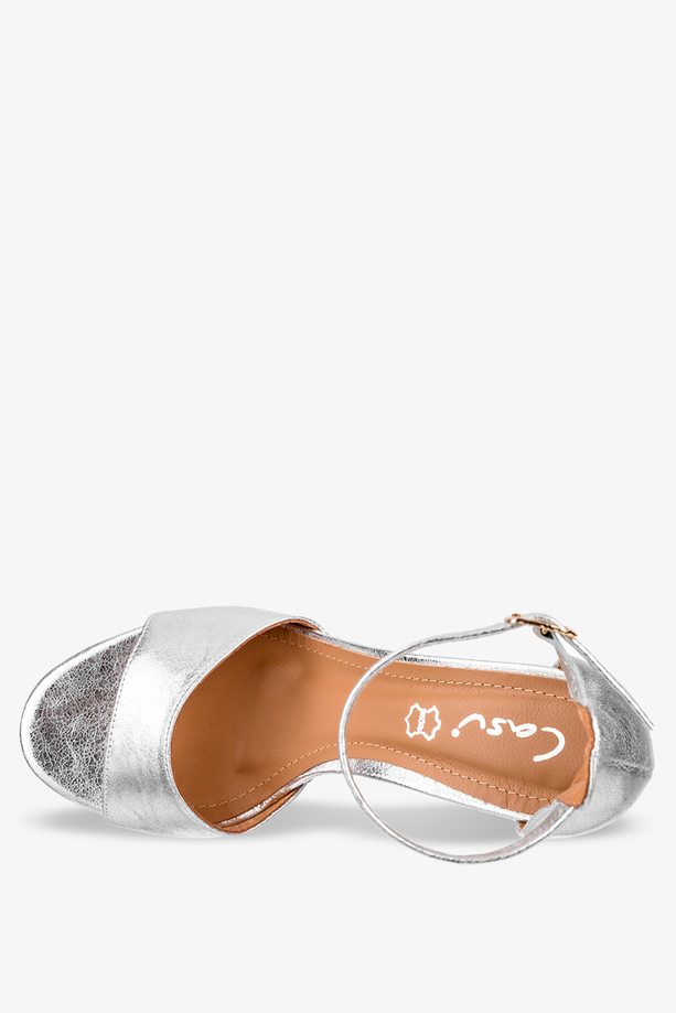Srebrne sandały szpilki z zakrytą piętą pasek wokół kostki POLSKA SKÓRA Casu 2495-48
