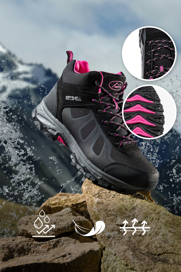 Czarne buty trekkingowe damskie sznurowane z różowymi wstawkami softshell Casu B2108-5