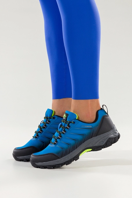 Niebieskie buty trekkingowe damskie buty sportowe softshell na bieżnikowanej podeszwie czarne wstawki sznurowane Carla EY82933-1
