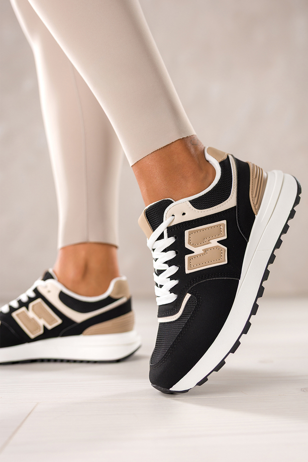 Czarne sneakersy damskie buty sportowe z perforacją na białej platformie beżowe wstawki  sznurowane Casu BB-864