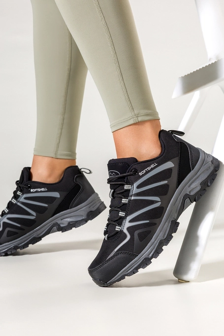 Czarne buty trekkingowe damskie z szarymi dodatkami sznurowane softshell Casu B2111-1