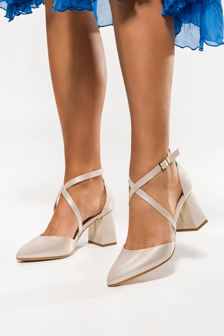 Złote czółenka damskie Sergio Leone na szerokim klocku błyszczące paski na krzyż skórzana wkładka SK840-CA