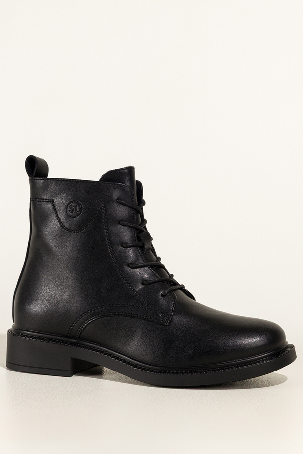 Czarne botki skórzane damskie Sergio Leone na szerokim klocku ozdobna podeszwa sznurowane YG74827-H