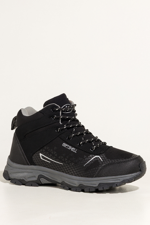 Czarne buty trekkingowe damskie z szarymi dodatkami sznurowane softshell Casu Y7997-8