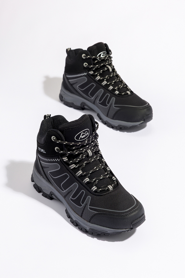 Czarne buty trekkingowe damskie z szarymi dodatkami sznurowane softshell Casu B2112-1