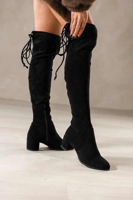 Czarne kozaki Sergio Leone za kolano na niskim obcasie elastyczna cholewka z wiązaniem PA74586