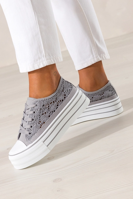 Szare trampki damskie ażurowe sneakersy na platformie koronkowe sznurowane Carla YZ847-4