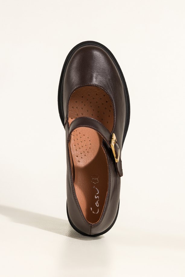 Czekoladowe czółenka skórzane damskie Mary Jane z paskiem szeroki obcas klocek PRODUKT POLSKI Casu 390