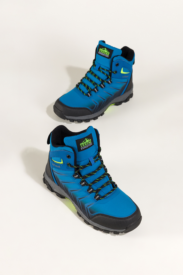 Niebieskie buty trekkingowe damskie softshell na bieżnikowanej podeszwie czarne wstawki sznurowane Carla EY82939-1