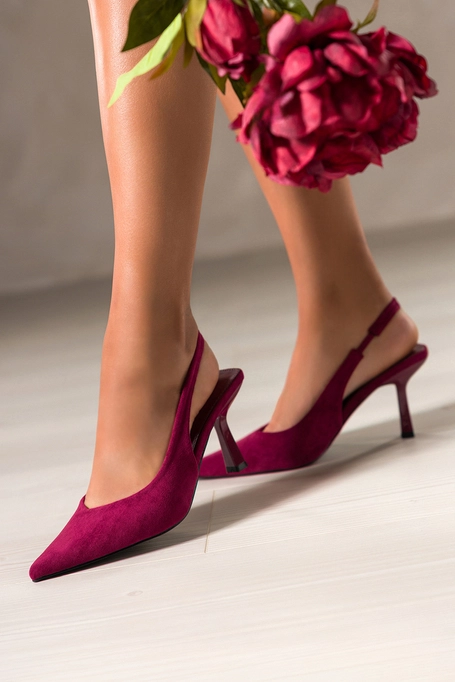 Bordowe czółenka damskie szpilki z odkrytą piętą obcas kieliszek pasek z elastyczną gumą Carla 1661-719Z