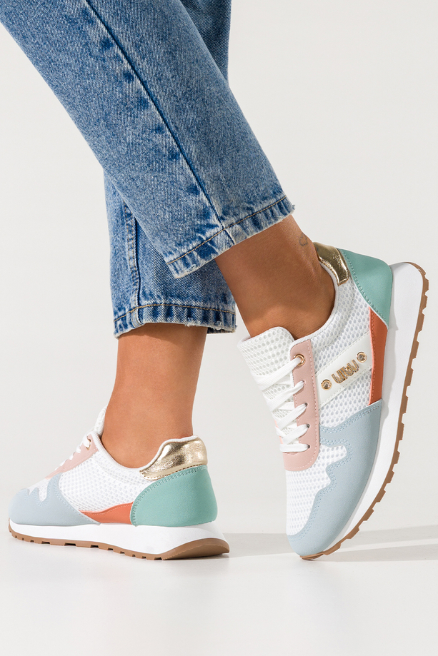 Wielokolorowe sneakersy damskie na białej platformie ze żłobieniami cholewka z siateczką kolorowe wstawki ozdoba z cyrkoniami sznurowane Casu LA308P