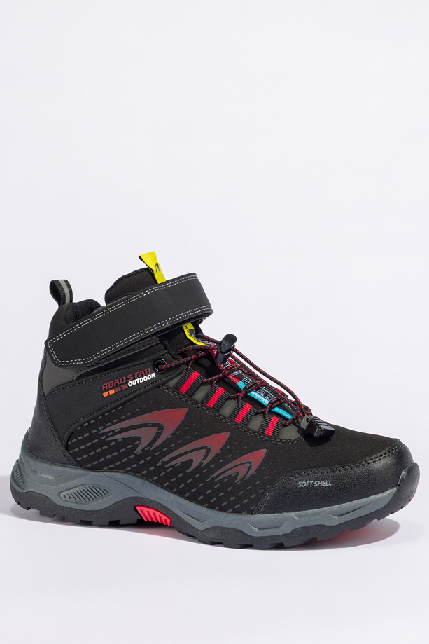 Czarne buty trekkingowe damskie na bieżnikowanej podeszwie z regulowaną elastyczną sznurówką czerwone wstawki softshell Casu 2310-3W