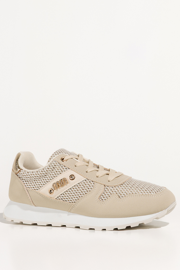 Beżowe sneakersy damskie na białej platformie ze żłobieniami cholewka z siateczką złote wstawki ozdoba z cyrkoniami sznurowane Casu LA308P