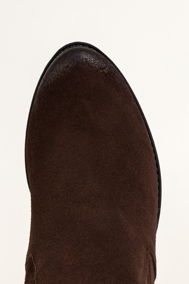 Czekoladowe botki skórzane damskie kowbojki na szerokim ściętym klocku guma w cholewce PRODUKT POLSKI Casu 39455