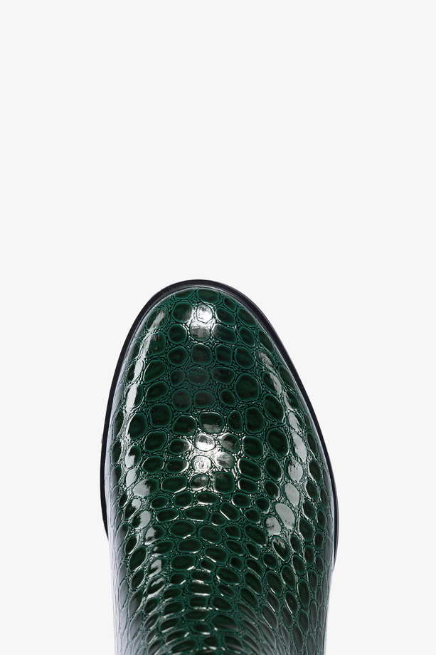 Zielone botki lakierowane damskie na ozdobnym klocku krokodyli wzór Casu BC24X6-G