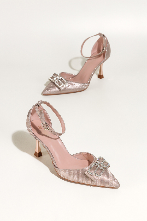 Szampańskie czółenka damskie szpilki brokatowe kokarda z cyrkoniami pasek wokół kostki obcas kieliszek Carla O1431Y