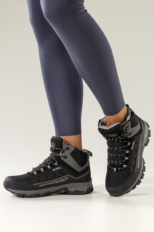 Czarne buty trekkingowe damskie z szarymi dodatkami sznurowane softshell Casu Y7994-8