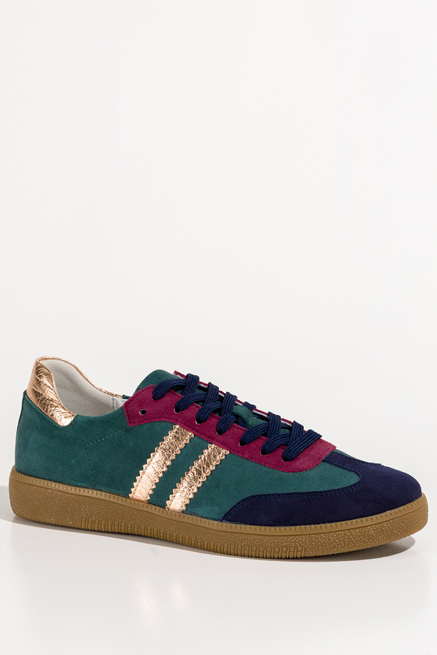 Zielone sneakersy skórzane damskie buty sportowe z bordowymi i złotymi wstawkami sznurowane PRODUKT POLSKI Casu N1068