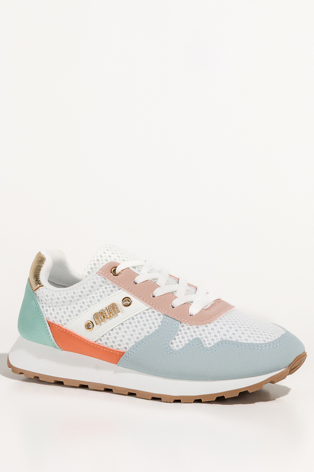 Wielokolorowe sneakersy damskie na białej platformie ze żłobieniami cholewka z siateczką kolorowe wstawki ozdoba z cyrkoniami sznurowane Casu LA308P