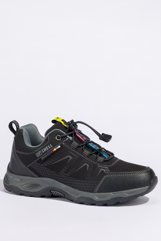 Czarne buty trekkingowe damskie buty sportowe na bieżnikowanej podeszwie z regulowaną elastyczną sznurówką szare wstawki softshell Casu 2213-1W