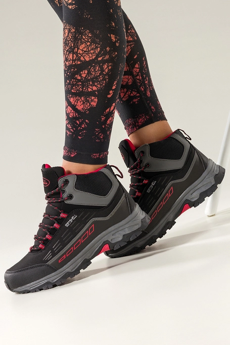 Czarne buty trekkingowe damskie z czerwonymi dodatkami sznurowane softshell Casu Y7994-6